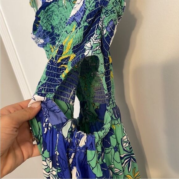 JAPNA BLUE GREEN FLORAL CUTOUT SMOCKED TIERED MAXI DRESS SIZE LARGE - Picture 6 of 10